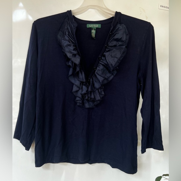 Navy 3/4 Sleeve Ruffle Blouse - Picture 3 of 6